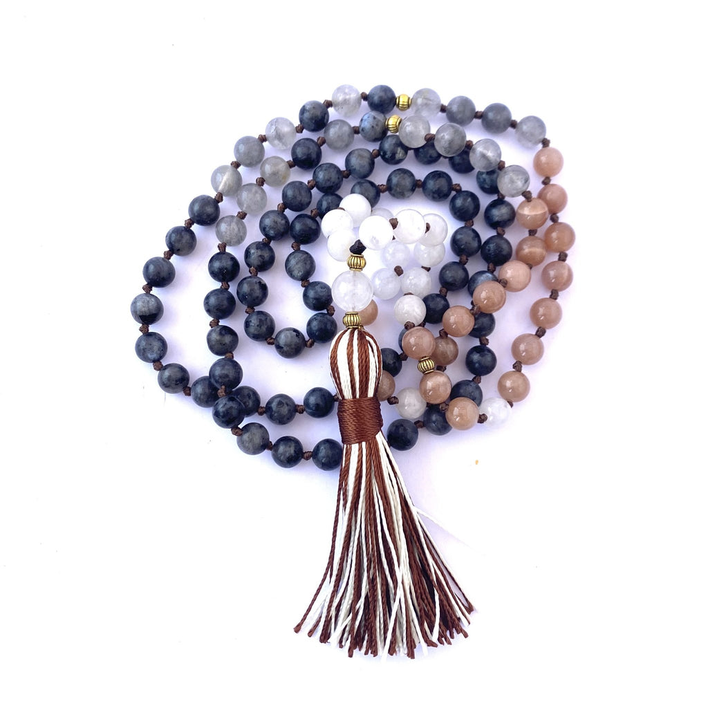 Rosario de Labradorita, Jade, Piedra de Sol y Cuarzo Gris - Komodo-fv